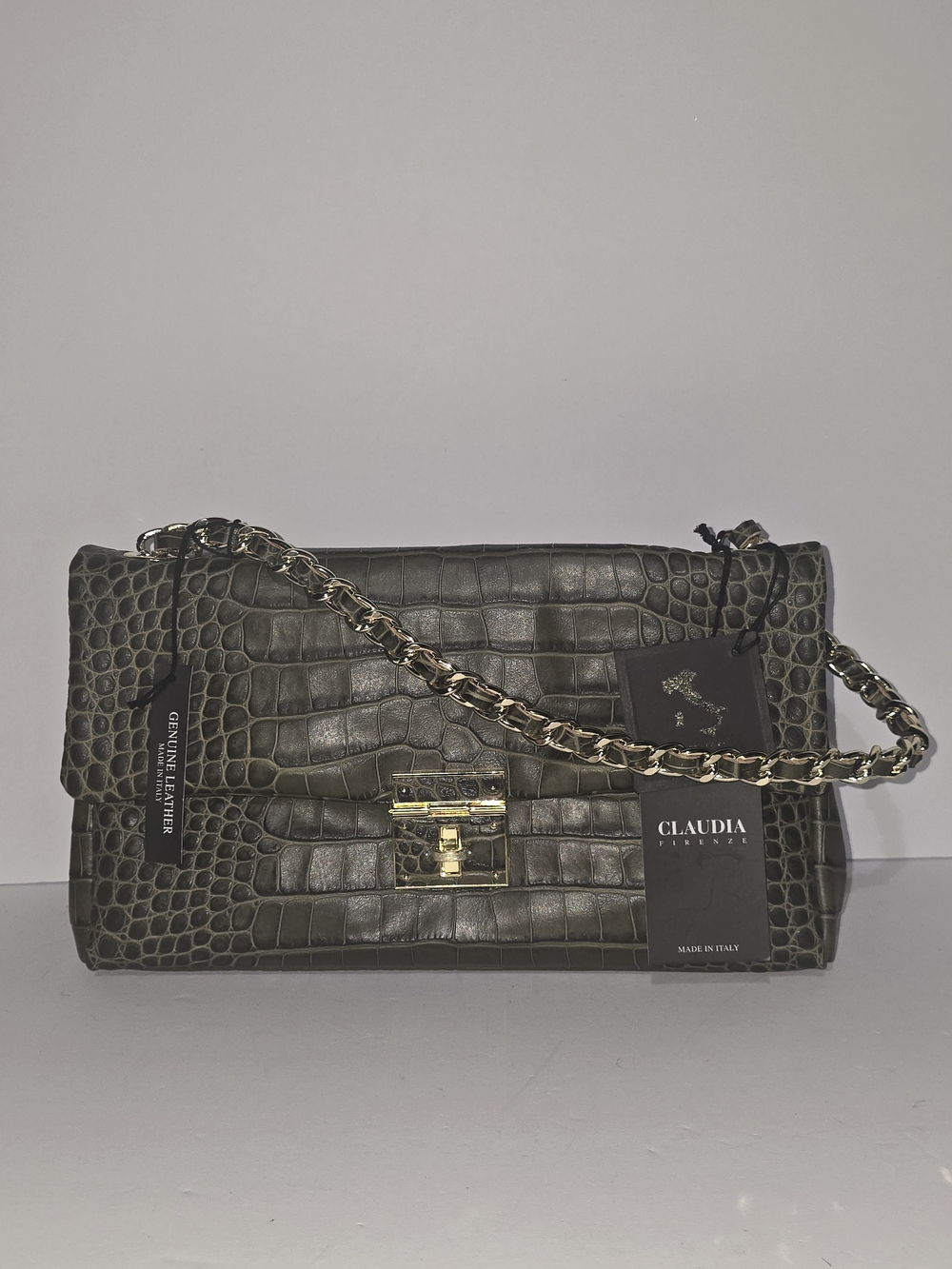 Italian Claudia Firenze Olive Croc-Embossed Leather Shoulder /clutch Bag